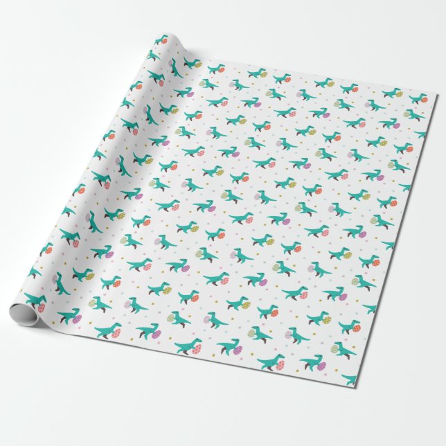 Papier Cadeau Motif de chasse à oeuf de pâques de dinosaure (Déroulé)