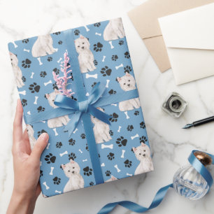 Papier Cadeau Motif de chien blanc Westie sur bleu