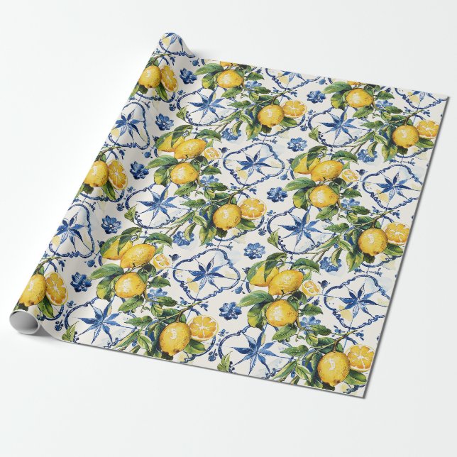 Papier Cadeau Motif de citrons et carreaux de la côte amalfitain (Déroulé)