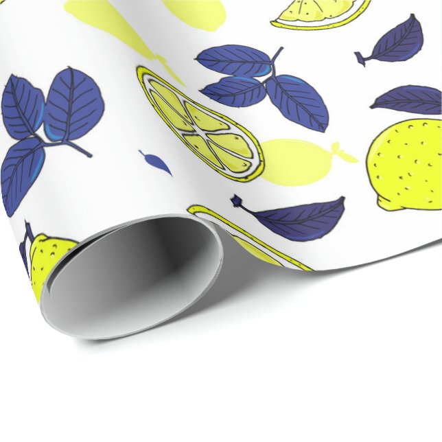 Papier Cadeau Motif de citrons jaune bleu marine (Coin rond)