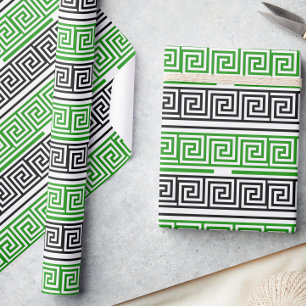 Papier Cadeau Motif de clé grecque verte noire blanche
