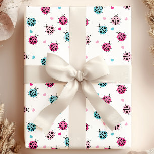 Papier Cadeau Motif de coeurs de coccinelle rose et bleu mignon