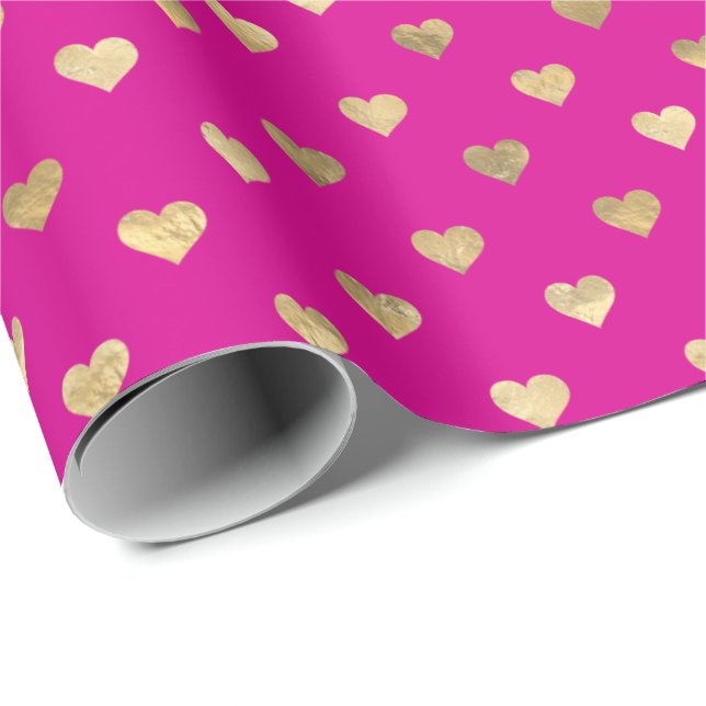 Papier Cadeau Motif de Coeurs d'or rose chaud   (Coin rond)