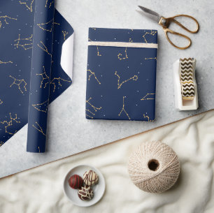 Papier Cadeau Motif de constellations de Zodiac bleu or et marin