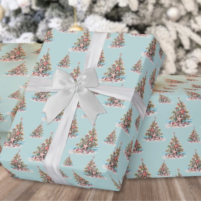 Papier Cadeau Motif de coque de l'arbre de Noël de plage (Beach Christmas Tree Shell Pattern Wrapping Paper)