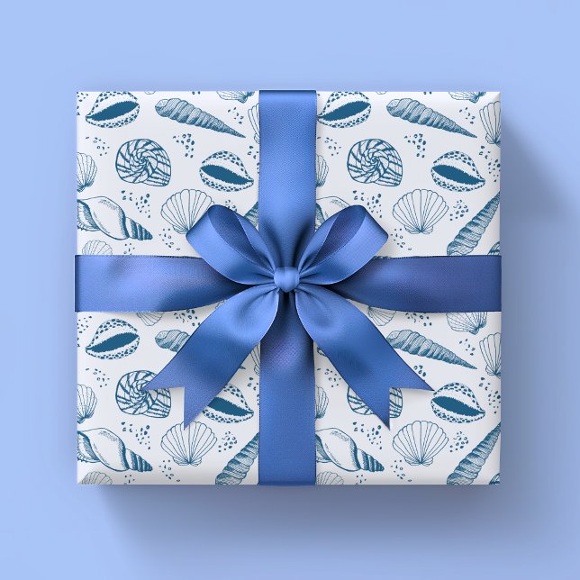 Papier Cadeau Motif de coque de mer (Blue seashell nautical beach theme wrapping paper rolls.)