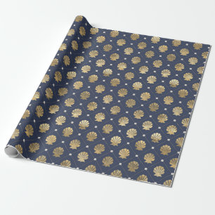 Papier Cadeau Motif de coque marine bleu et or