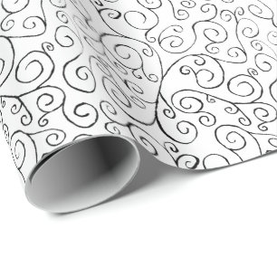 Papier Cadeau Motif de courbe noir peint à la main sur blanc