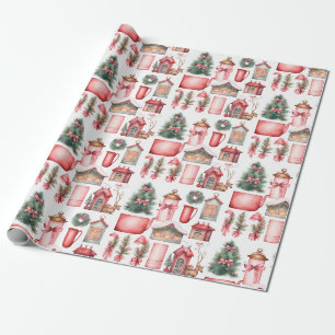 Papier Cadeau Motif de couronnes d'arbre de Noël rose rouge