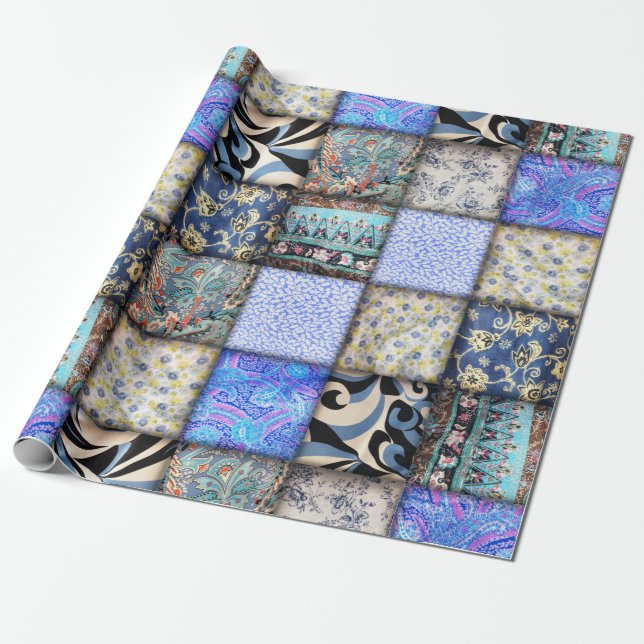 Papier Cadeau Motif de courtepointe Blue Faux (Déroulé)