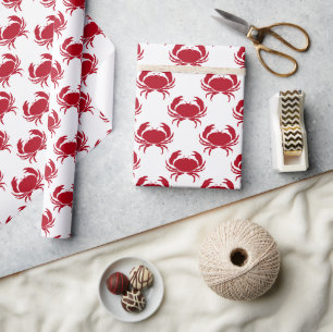 Papier Cadeau Motif De Crabe Rouge Côtier Sur Blanc