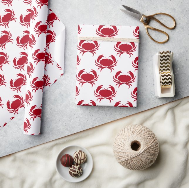 Papier Cadeau Motif De Crabe Rouge Côtier Sur Blanc (Artisanat)