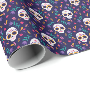 Papier Cadeau Motif de crâne de sucre floral pourpre