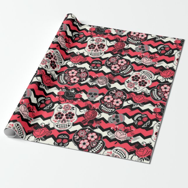 Papier Cadeau Motif De Crânes Et De Fleurs De Sucre (Déroulé)