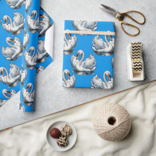 Papier Cadeau Motif de cygnes sur fond vert 
