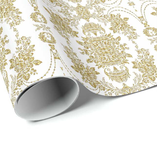 Papier Cadeau Motif de Damas Floral Blanc Et Métallurgique (Coin rond)
