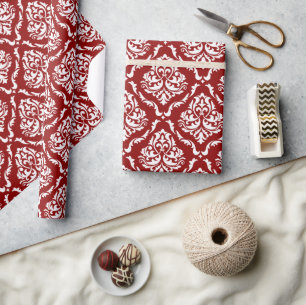 Papier Cadeau Motif de Damas Floral Blanc Sur Rouge