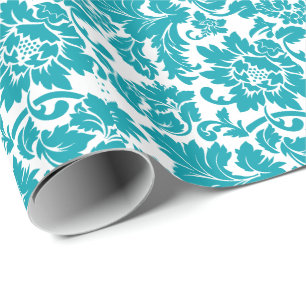 Papier Cadeau Motif De Damas Florales Blanches Et Turquoises