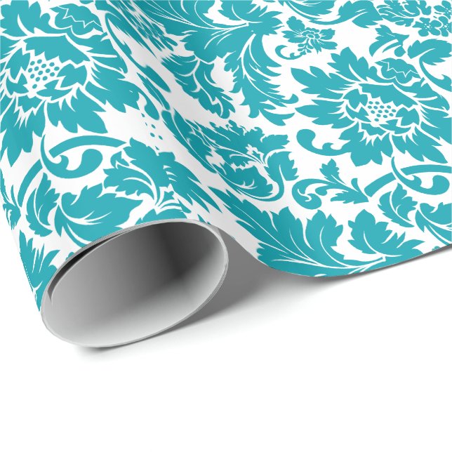 Papier Cadeau Motif De Damas Florales Blanches Et Turquoises (Coin rond)