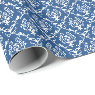 Papier Cadeau Motif de Damas Florales Blancs Et Bleus