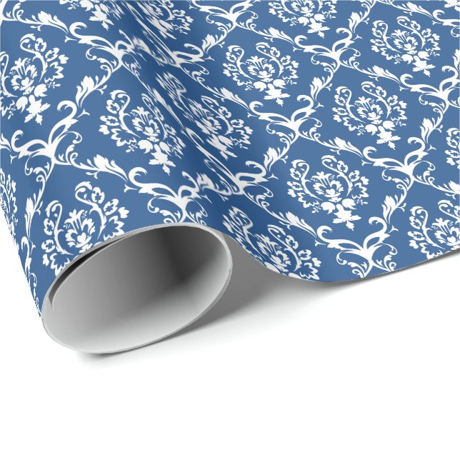 Papier Cadeau Motif de Damas Florales Blancs Et Bleus (Coin rond)