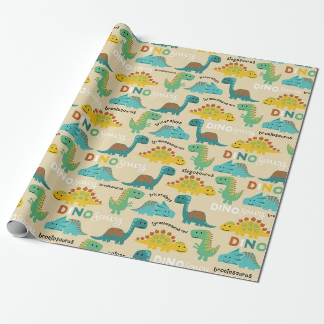 Papier Cadeau Motif de dinosaures colorés (Déroulé)