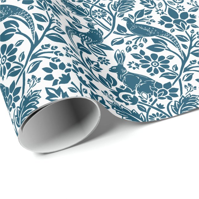 Papier Cadeau Motif de faisan et lièvre, blanc et bleu foncé (Coin rond)