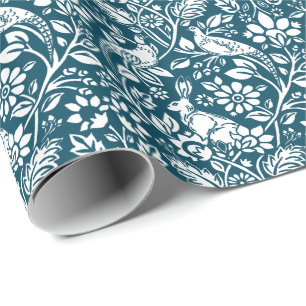 Papier Cadeau Motif de faisan et lièvre, bleu et blanc d'Indigo