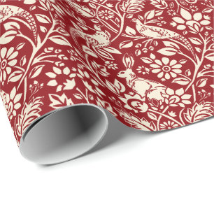 Papier Cadeau Motif de faisan et lièvre, rouge profond et crème