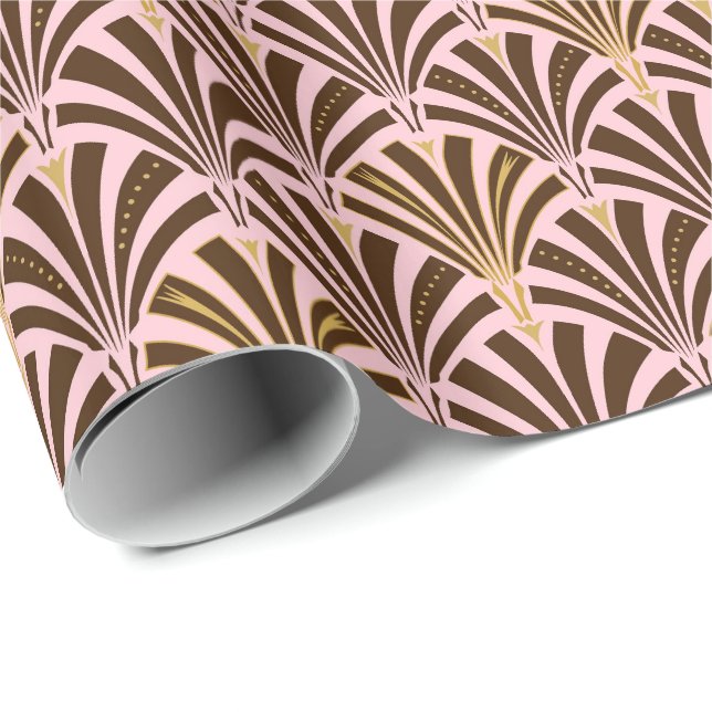 Papier Cadeau Motif de fan d'art déco - chocolat sur le rose (Coin rond)