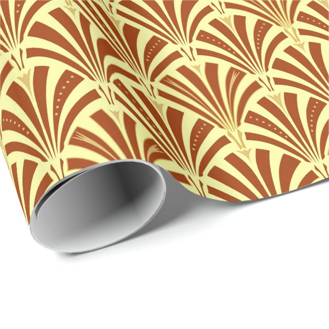 Papier Cadeau Motif de fan d'art déco - cuivre sur le jaune (Coin rond)