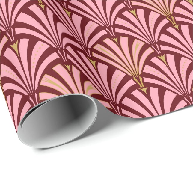 Papier Cadeau Motif de fan d'art déco - rose et rouge foncé (Coin rond)