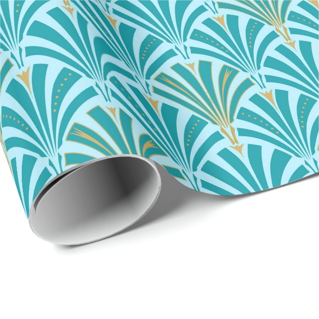 Papier Cadeau Motif de fan d'art déco - turquoise sur l'aqua (Coin rond)