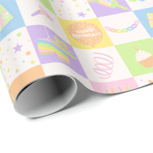 Papier Cadeau Motif de fête d'anniversaire pastel mignon avec ic
