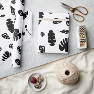 Papier Cadeau Motif de feuilles tropicales d'été noir et blanc