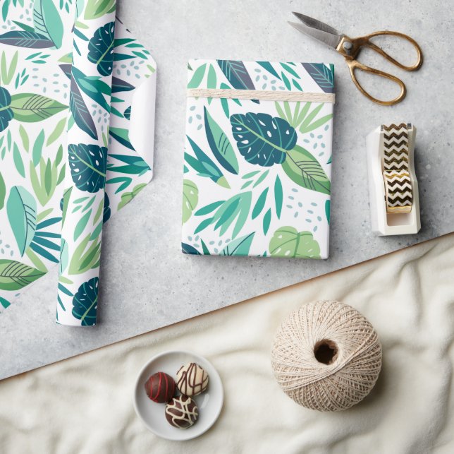 Papier Cadeau Motif De Feuilles Vertes Tropicales Agréées Sur Bl (Artisanat)