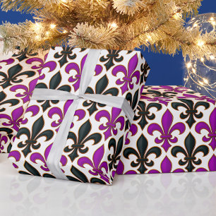 Papier Cadeau Motif de fleur de lis baroque noir violet 