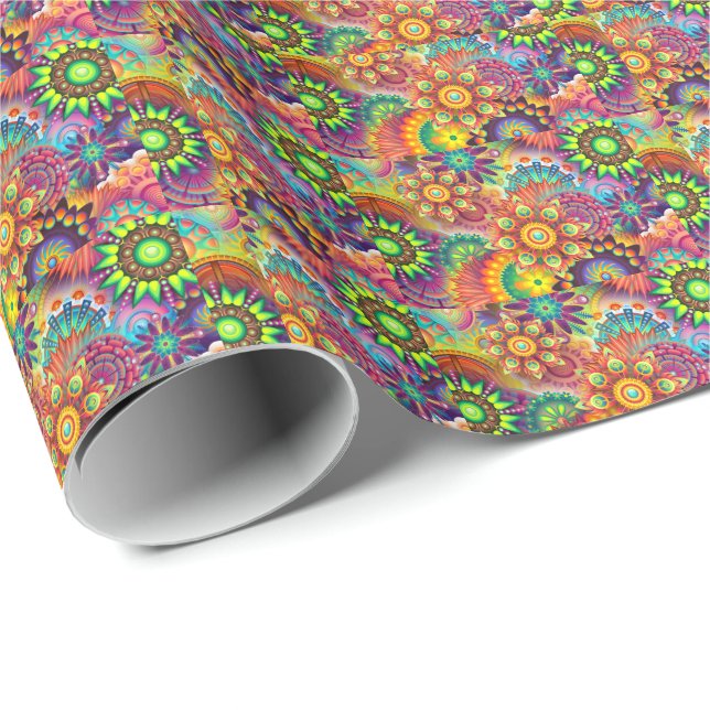 Papier Cadeau Motif de fleurs Abstraites aux couleurs vives (Coin rond)