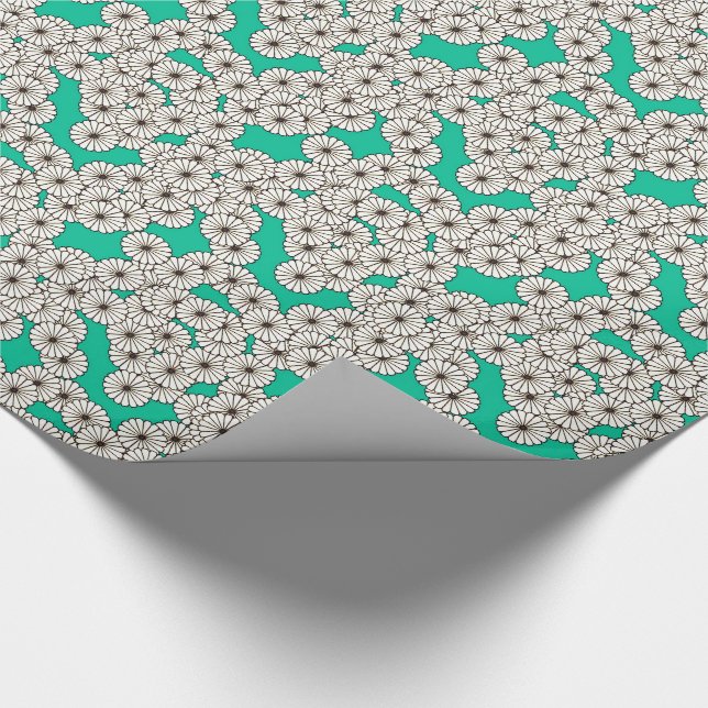Papier Cadeau Motif de fleurs Art déco - blanc sur turquoise (Coin)