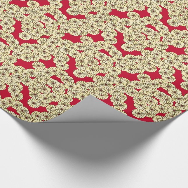 Papier Cadeau Motif de fleurs Art Déco - jaune clair sur rouge p (Coin)