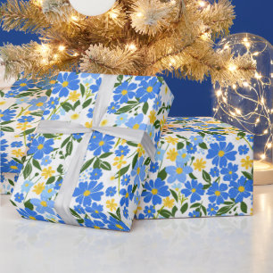 Papier Cadeau Motif de fleurs bleu et jaune mignonne printemps
