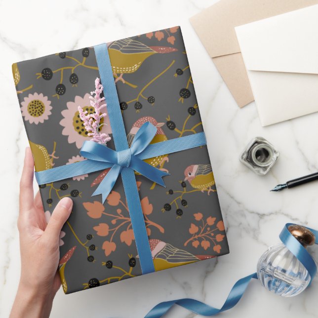 Papier Cadeau Motif de fleurs de baies noires roses de poulet (Cadeaux)