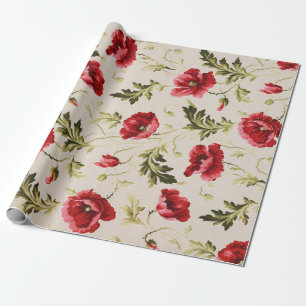 Papier Cadeau Motif de fleurs de coquelicots rouges vintage bril