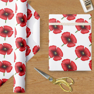 Papier Cadeau Motif de fleurs de pavot rouge sur papier blanc