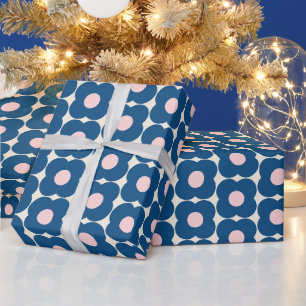 Papier Cadeau Motif de fleurs de pop rétro   Bleu et rose