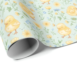 Papier Cadeau Motif de fleurs et de poussins jaunes mignons