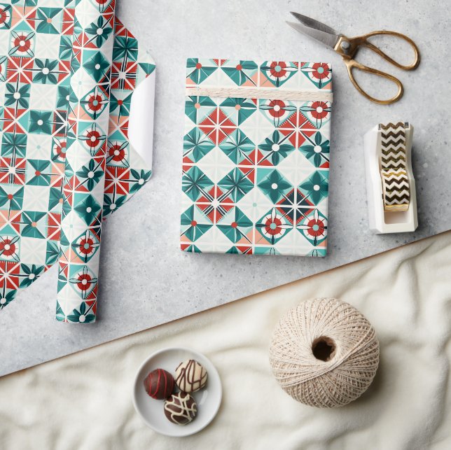 Papier Cadeau Motif de fleurs géométriques bleu rouge stylisé (Artisanat)