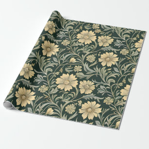 Papier Cadeau Motif de fleurs jaunes stylisées vert foncé 