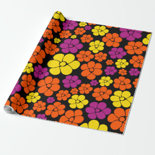 Papier Cadeau Motif de fleurs - Noir, Rose, Orange et Jaune