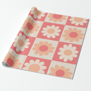 Papier Cadeau Motif de fleurs rétro à carreaux Peach Fuzz